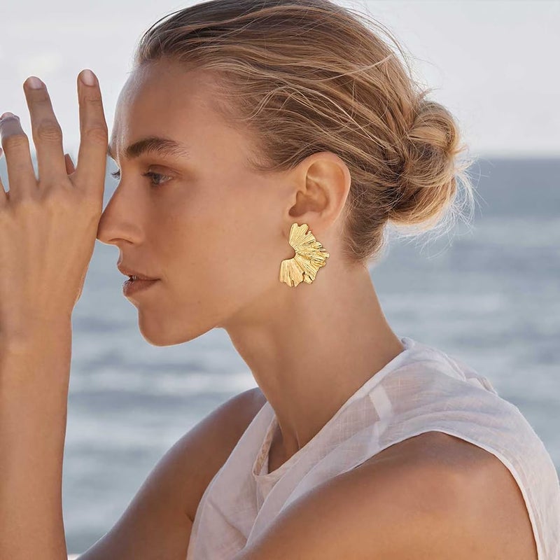 FAUTHENTICUTE Chunky Gold Statement Earrings For Women Gold Plated Sectored Flower Leaf Shell Angel Wing Earrings Large Stud Earrings Hypoallergenic Earrings - Image 2